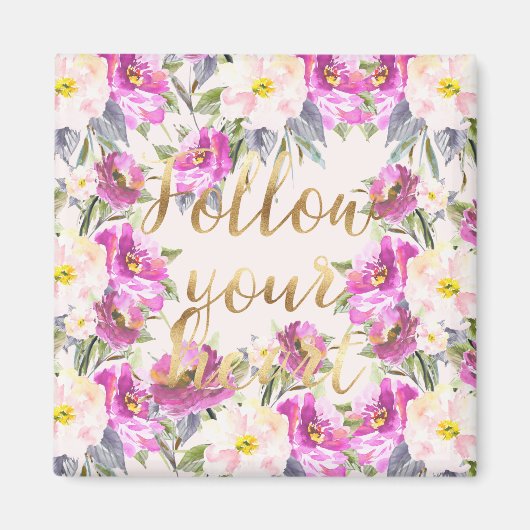 Roze Rozen Floral Gold Volg je hart Magneet (Voorkant)