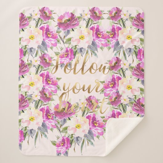 Roze Rozen Floral Gold Volg je hart Sherpa Deken (Voorkant)