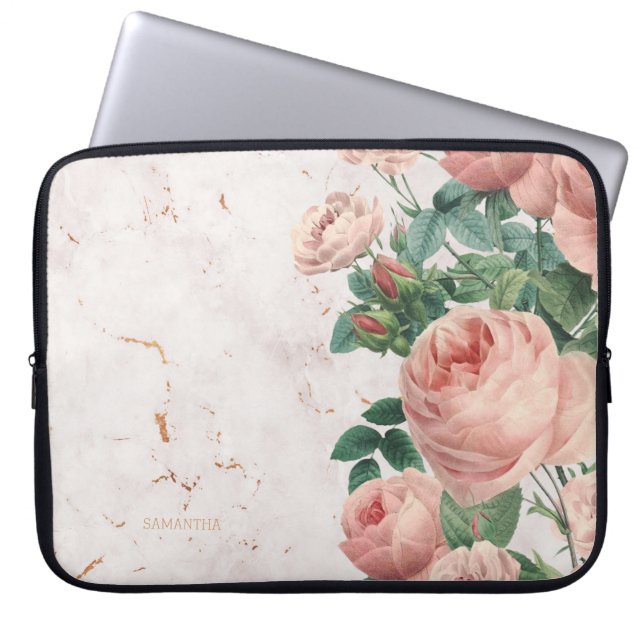  roze rozen Floral Marble Custom Laptop Sleeve (Voorkant)