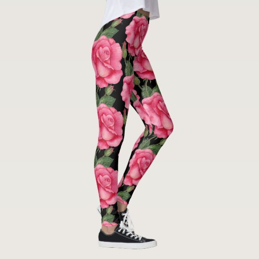 Roze rozen Floral Pattern Black Achtergrond Leggings (Rechts)