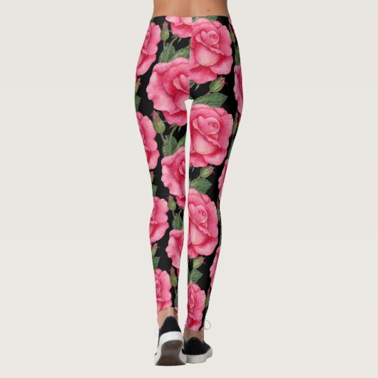 Roze rozen Floral Pattern Black Achtergrond Leggings (Achterkant)