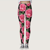 Roze rozen Floral Pattern Black Achtergrond Leggings (Voorkant)