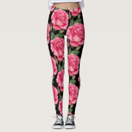 Roze rozen Floral Pattern Black Achtergrond Leggings