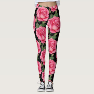 Roze rozen Floral Pattern Black Achtergrond Leggings
