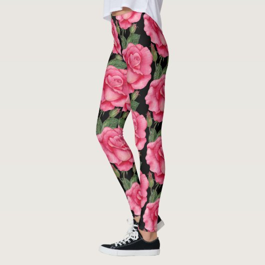 Roze rozen Floral Pattern Black Achtergrond Leggings (Links)