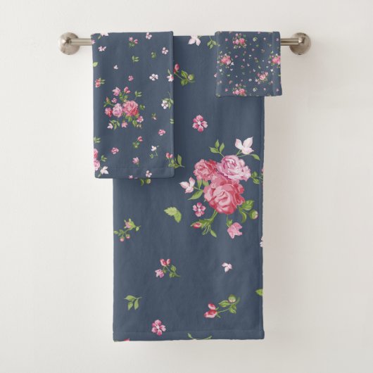 roze rozen Floral Pattern Blue Bad Handdoek (Insitu)