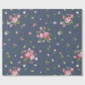  roze rozen Floral Pattern Blue Cadeaupapier (Vlak)