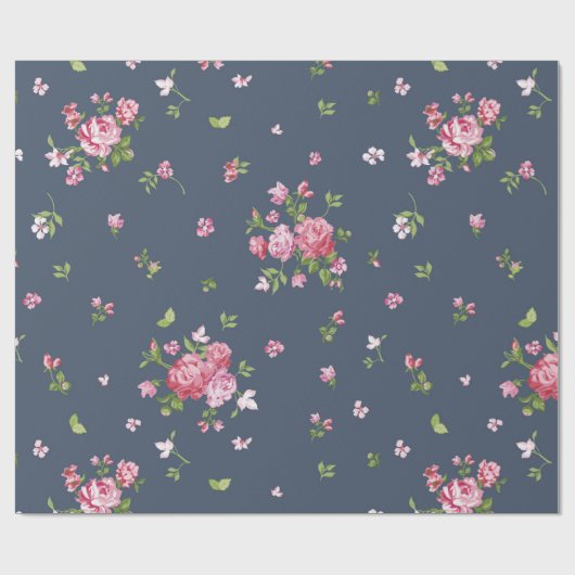  roze rozen Floral Pattern Blue Cadeaupapier (Vlak)