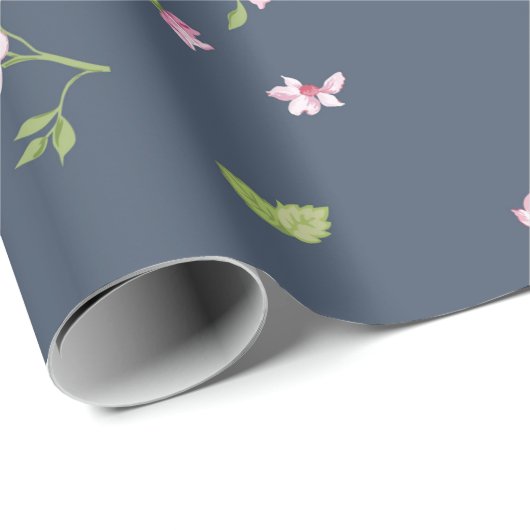 roze rozen Floral Pattern Blue Cadeaupapier (Rol Hoek)