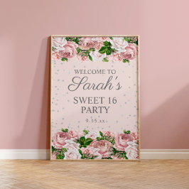 Roze rozen Floral Silver Glitter Sweet 16 Welkom Poster