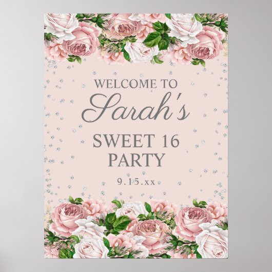 Roze rozen Floral Silver Glitter Sweet 16 Welkom Poster (Voorkant)