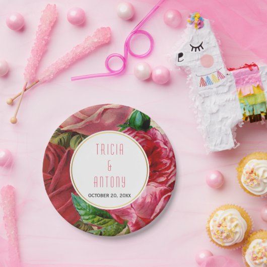  roze  rozen florale bruiloft papieren bordje (Feest)