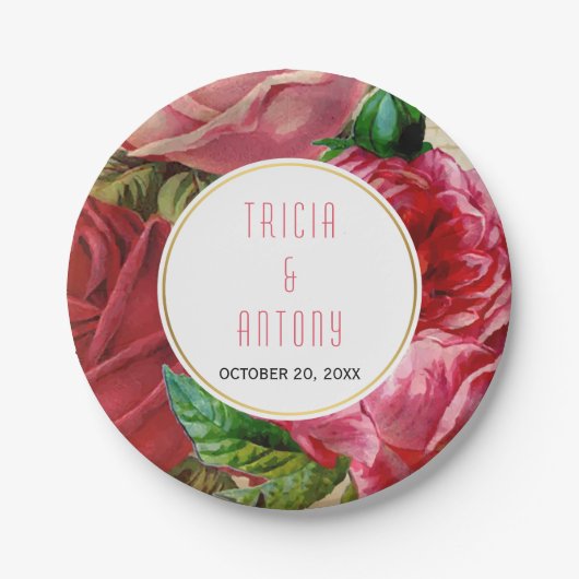  roze  rozen florale bruiloft papieren bordje (Voorkant)