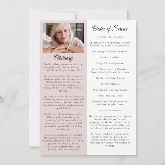 Roze Rozen Foto Memorial Service Programma (Achterkant)