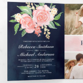Roze Rozen Foto Navyblauwe QR Code Huwelijk Drieluik Uitnodiging (Binnenzijde eerst)