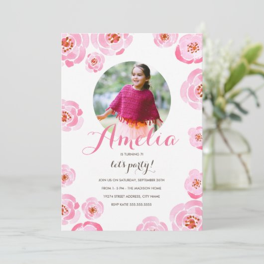 Roze rozen Foto van Birthday Uitnodigen Kaart (Staand voorkant)