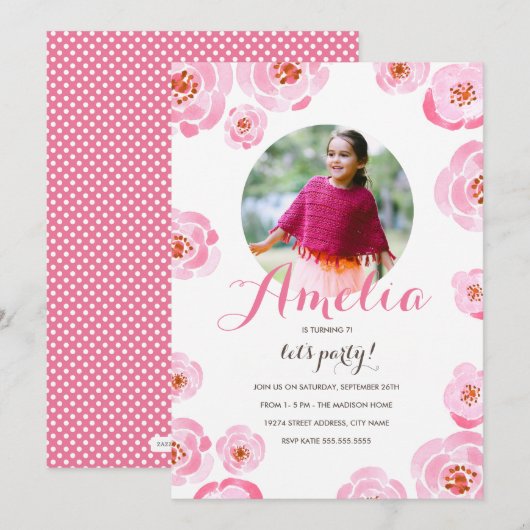 Roze rozen Foto van Birthday Uitnodigen Kaart (Voorkant / Achterkant)