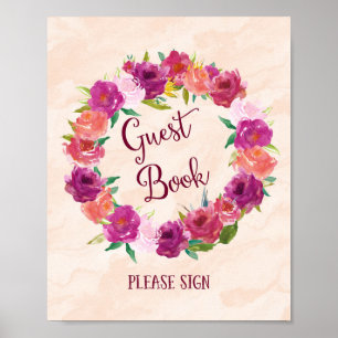 Roze Rozen Gastboek Huwelijksaffiche Print