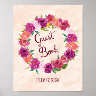 Roze Rozen Gastboek Huwelijksaffiche Print