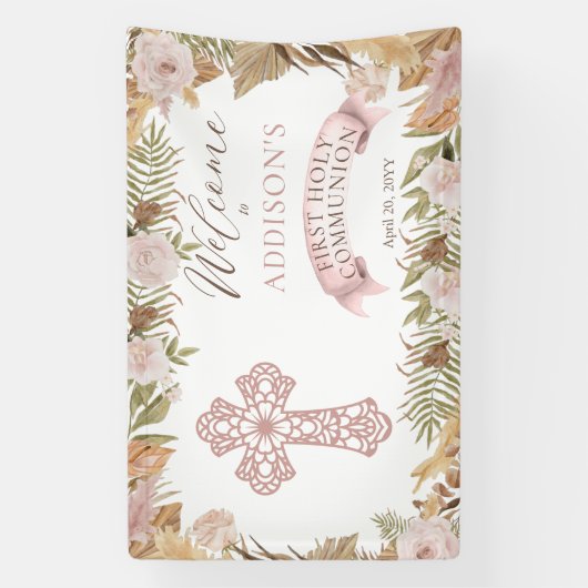 Roze rozen gedroogd grassen meisje Eerste Heilige  Spandoek (Verticaal)