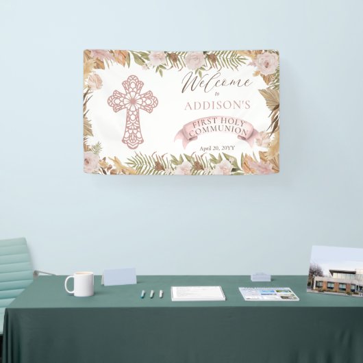 Roze rozen gedroogd grassen meisje Eerste Heilige  Spandoek (Beurs)