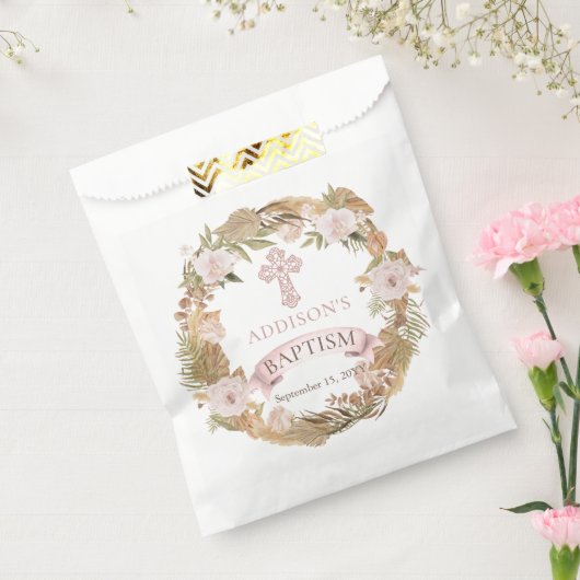 Roze rozen | Gedroogde grassen Flora Girl Baptisme Bedankzakje (Gezegeld)