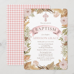 Roze rozen   Gedroogde grassen Flora Girl Baptisme Kaart