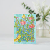 Roze Rozen Geel Vlindertuin Waterverf Art Briefkaart (Staand voorkant)