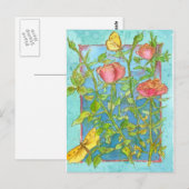 Roze Rozen Geel Vlindertuin Waterverf Art Briefkaart (Voorkant / Achterkant)