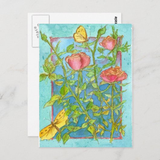 Roze Rozen Geel Vlindertuin Waterverf Art Briefkaart (Voorkant / Achterkant)