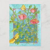 Roze Rozen Geel Vlindertuin Waterverf Art Briefkaart (Voorkant)
