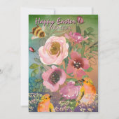 Roze Rozen Gele Vogels Pasen Feestdagenkaart (Voorkant)