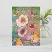 Roze Rozen Gele Vogels Pasen Feestdagenkaart (Staand voorkant)