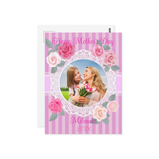 Roze Rozen Gelukkige Moederdag Briefkaart (Voorkant / Achterkant in situ)