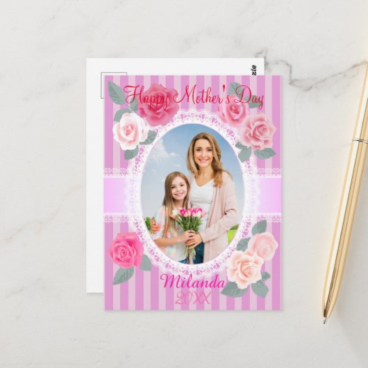 Roze Rozen Gelukkige Moederdag Briefkaart (Voorkant / Achterkant in situ)