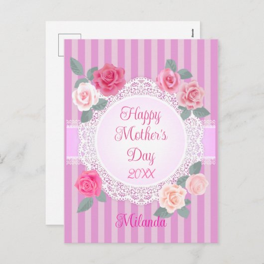 Roze Rozen Gelukkige Moederdag Feestdagenkaart (Voorkant / Achterkant)