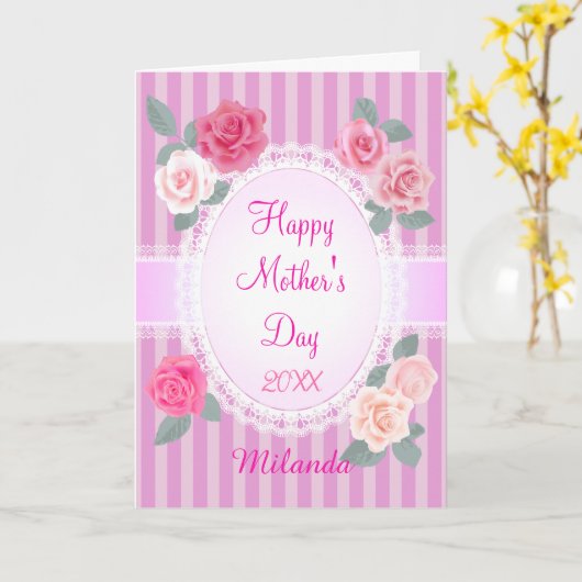 Roze rozen Gelukkige Moederdag Kaart (Gele Bloem)