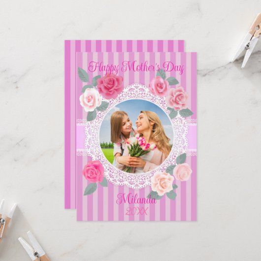 Roze Rozen Gelukkige Moederdag Kaart (Voorkant / Achterkant in situ)