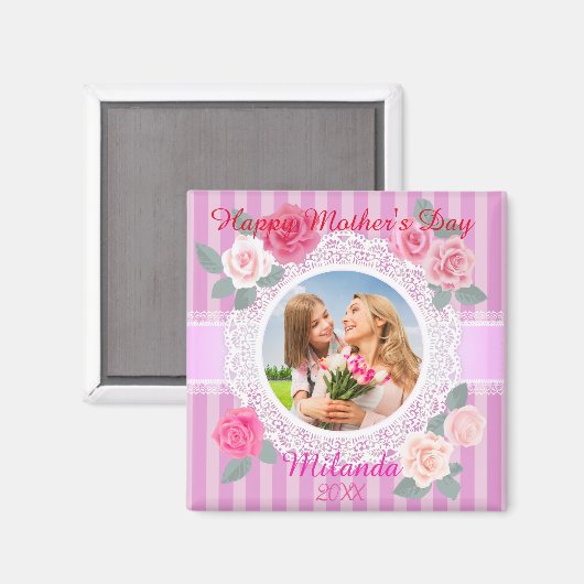 Roze Rozen Gelukkige Moederdag Magneet (Voorkant / Achterkant)