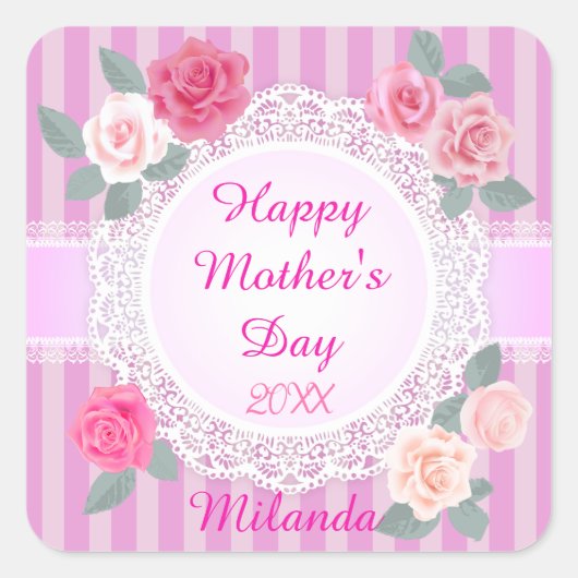 Roze Rozen Gelukkige Moederdag Vierkante Sticker (Voorkant)