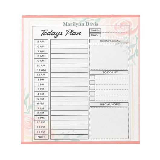 Roze rozen gepersonaliseerd dagplan notitieblok (Voorkant)