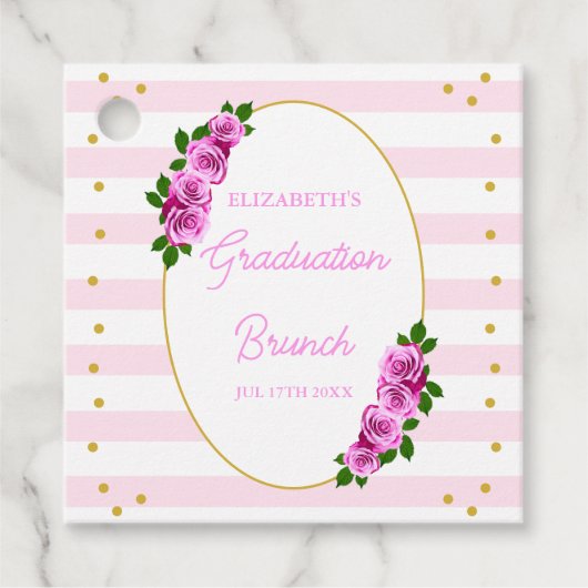 Roze rozen gestreepte afstudeerbrunch bedankjes labels (Voorkant)