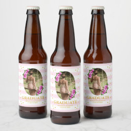 Roze rozen gestreepte afstudeerbrunch bier etiket
