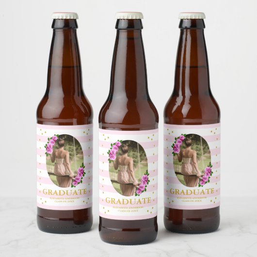 Roze rozen gestreepte afstudeerbrunch bier etiket (Flessen)