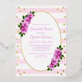 Roze rozen gestreepte afstudeerbrunch folie uitnodiging (Voorkant)