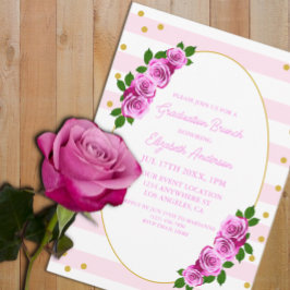 Roze rozen gestreepte afstudeerbrunch kaart