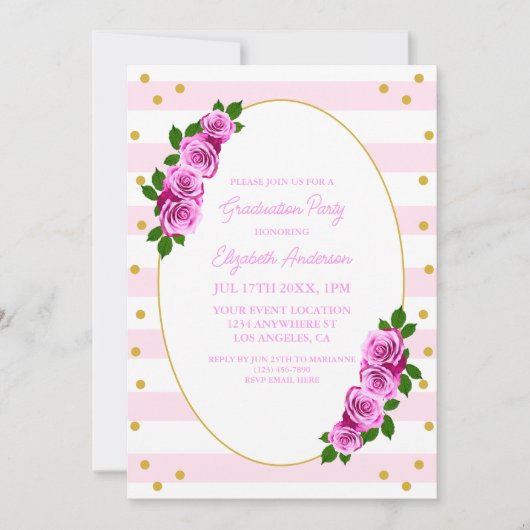 Roze rozen gestreepte afstudeerbrunch kaart (Voorkant)