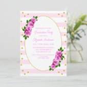 Roze rozen gestreepte afstudeerbrunch kaart (Staand voorkant)