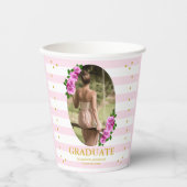 Roze rozen gestreepte afstudeerbrunch papieren bekers (Voorkant)