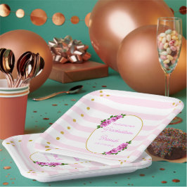 Roze rozen gestreepte afstudeerbrunch papieren bordje
